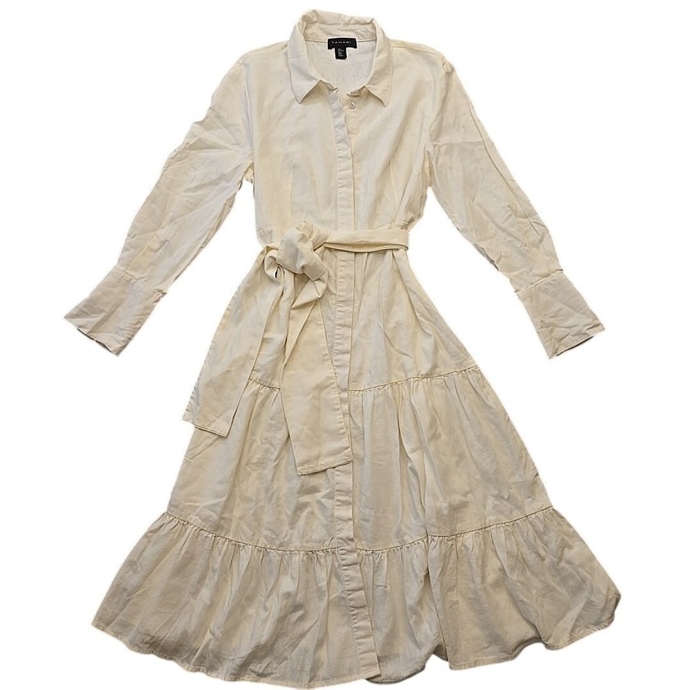 Tahari Cream Maxi Shirt Dress with Waist Tie